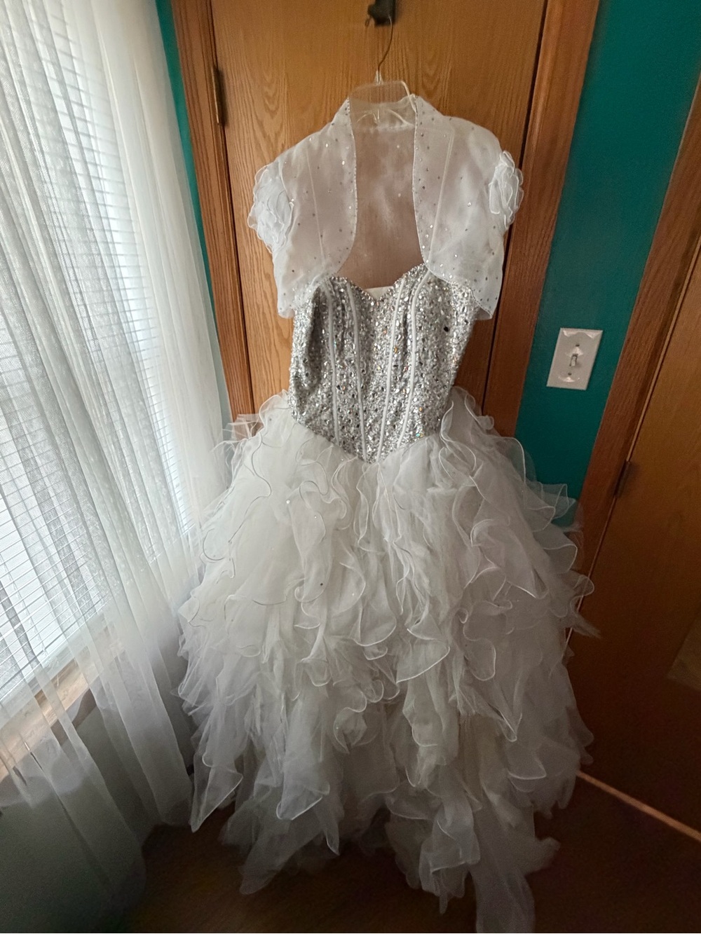 Peaches White and Silver Ruffled Ball Gown